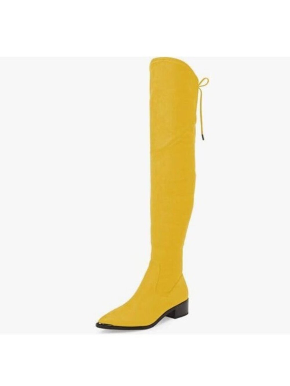 XYD Yellow Over The Knee Boots Pointed Toe Block Low Heels Tie Back Lace Booties